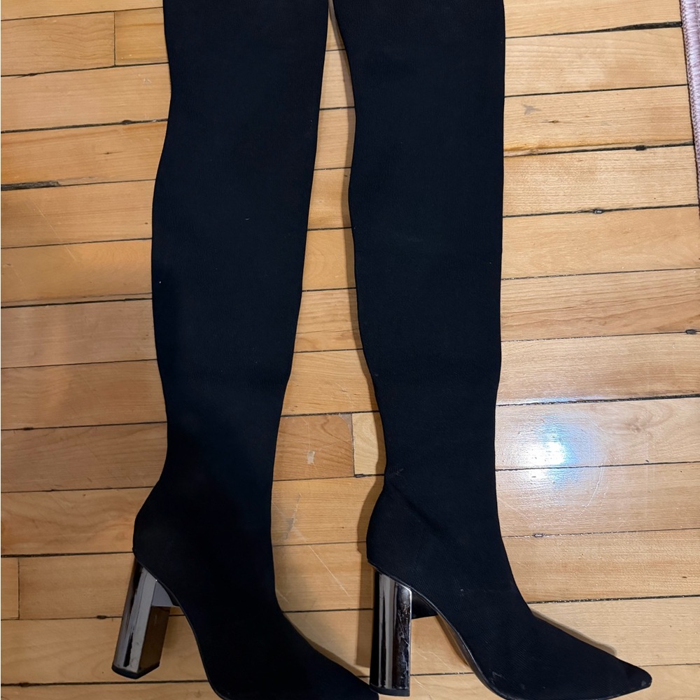 Zara Black Over-the-Knee Boots with Silver Heels